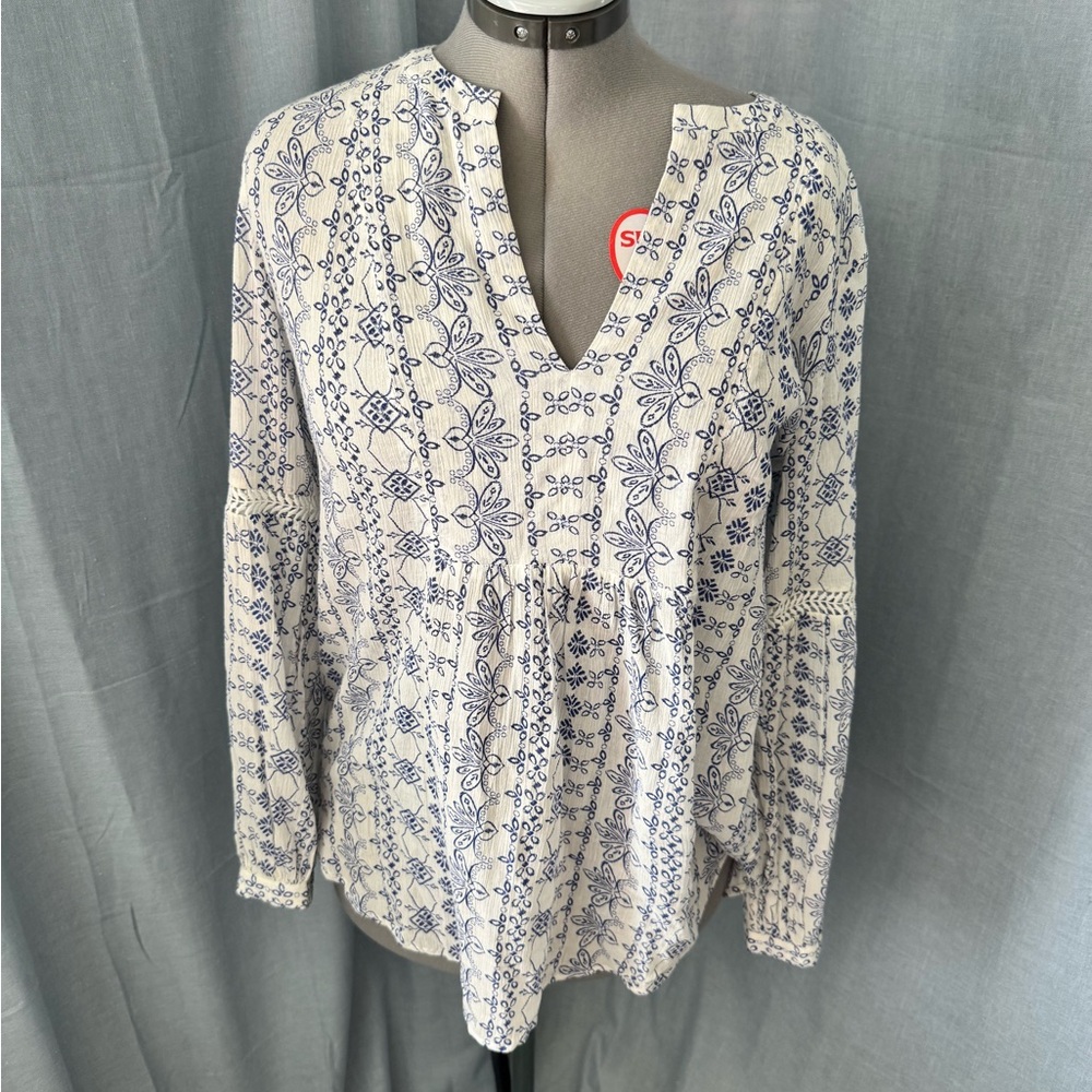 LOFT Blue and White Embroidered Blouse